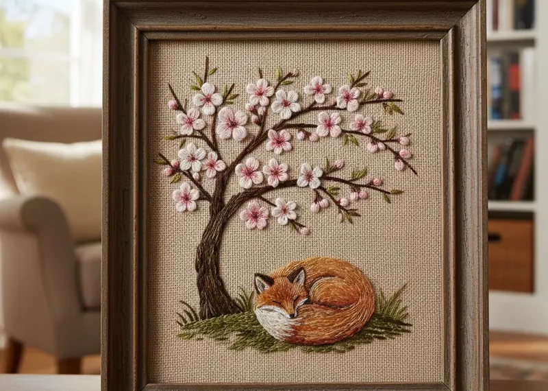 Close-up of a beautifully framed hand embroidery artwork featuring intricate floral designs on fabric, displayed as unique wall art.