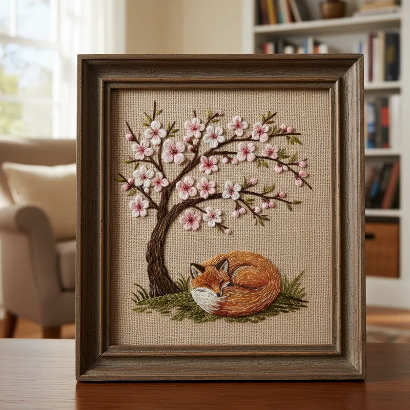Close-up of a beautifully framed hand embroidery artwork featuring intricate floral designs on fabric, displayed as unique wall art.