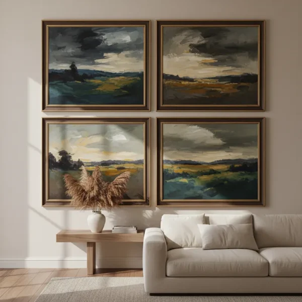Collection of framed wall paintings creating an elegant gallery wall display in a modern living room.