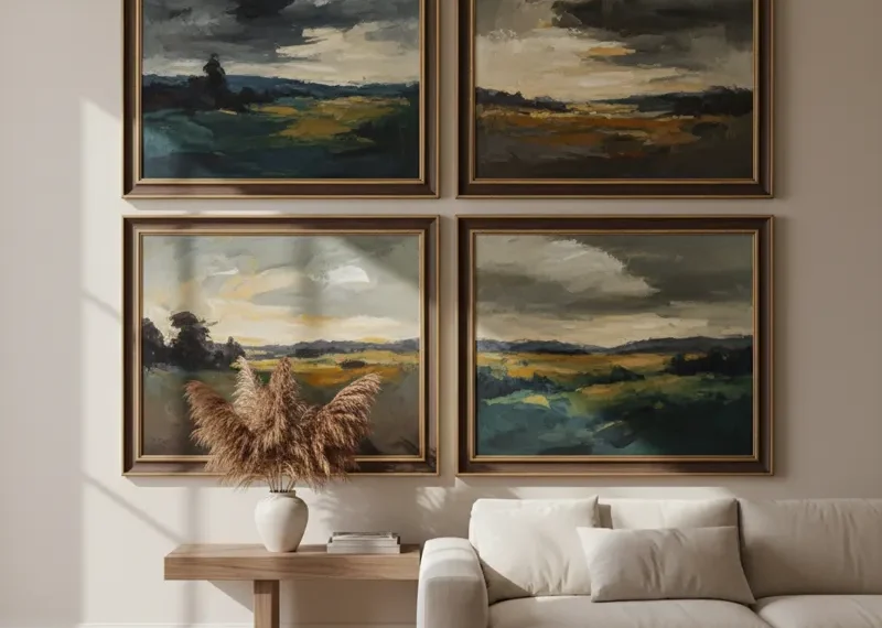 Collection of framed wall paintings creating an elegant gallery wall display in a modern living room.