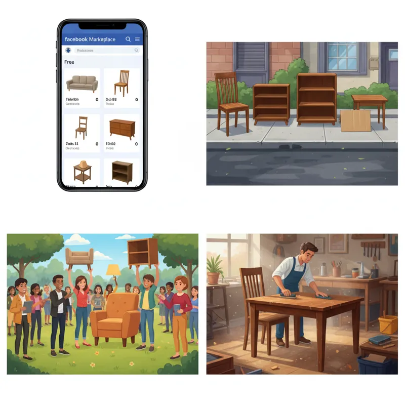 A collage image showing various sources of free furniture: a screenshot of a Facebook Marketplace'Free' section, a photo of items neatly placed at a