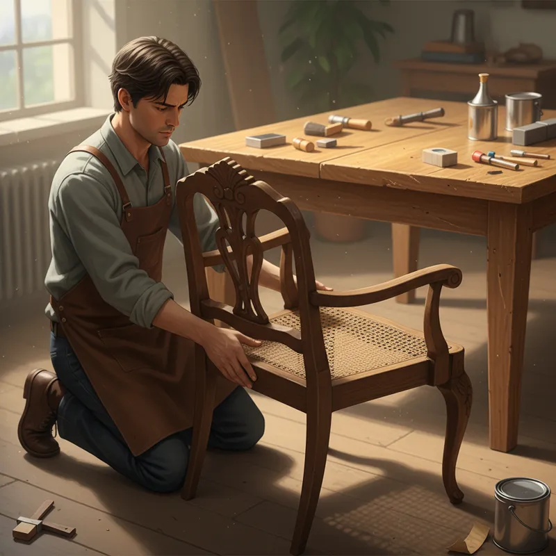 A person carefully inspecting a wooden dining chair for wobbles and damage, with another table in the background showing signs of wear but potential f