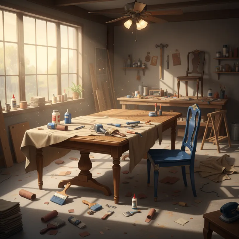 A brightly lit workshop scene with various tools (sandpaper, paintbrushes, wood glue) scattered around a half-restored wooden dining table and chairs.