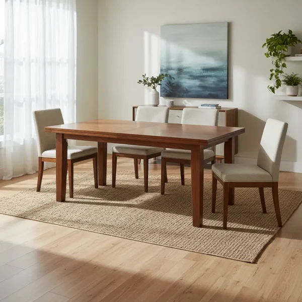 Free wooden dining table with four matching chairs, perfect for a budget-friendly home or a give-away. Used furniture set available for pickup.