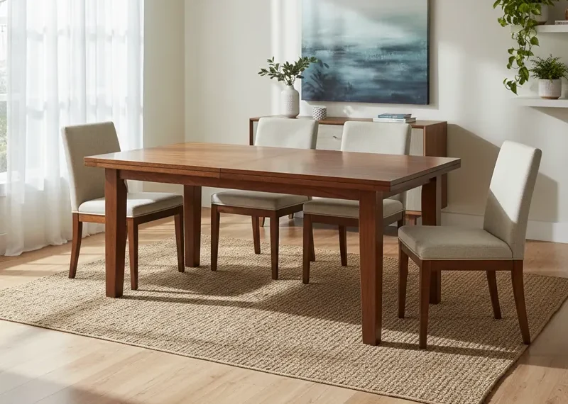 Free wooden dining table with four matching chairs, perfect for a budget-friendly home or a give-away. Used furniture set available for pickup.