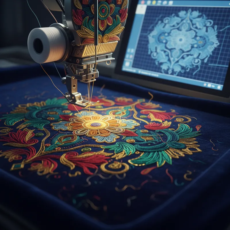 A vibrant, close-up image of a machine embroidery design being stitched out on fabric, showing the intricate thread work and the digital pattern on a