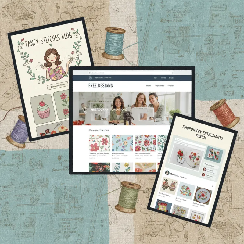 A collage of website screenshots featuring different sources for free embroidery designs, such as a manufacturer's site, a designer's blog, and a comm