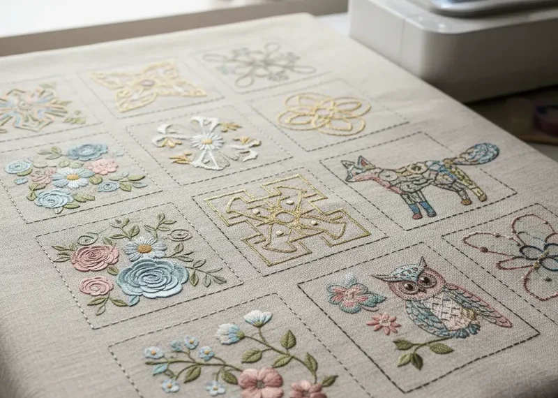 A vibrant collage of various free machine embroidery designs, showcasing floral patterns, whimsical animals, and intricate decorative motifs, all available for instant download.