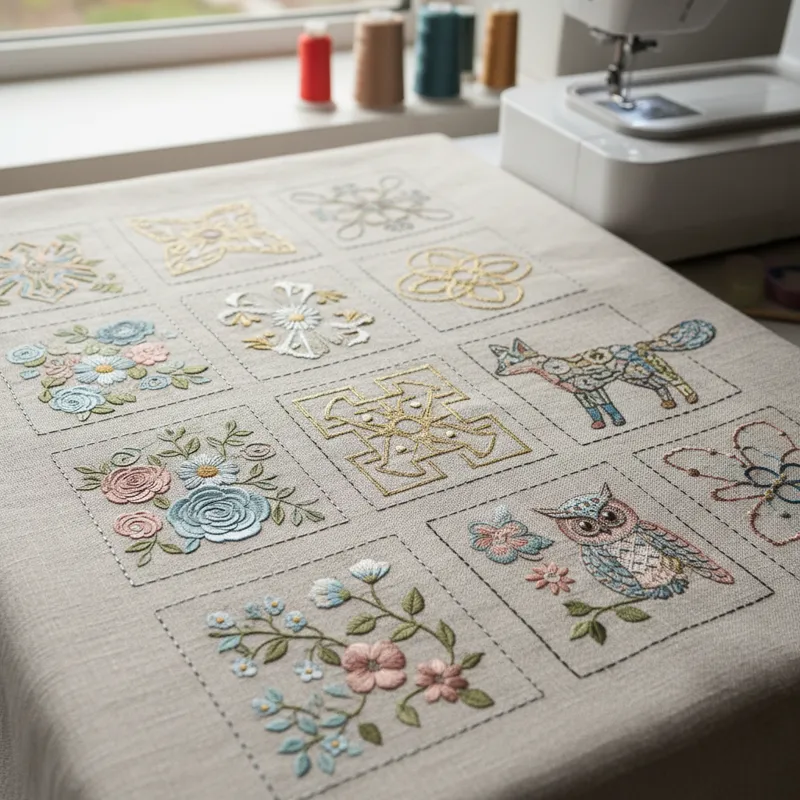 A vibrant collage of various free machine embroidery designs, showcasing floral patterns, whimsical animals, and intricate decorative motifs, all available for instant download.