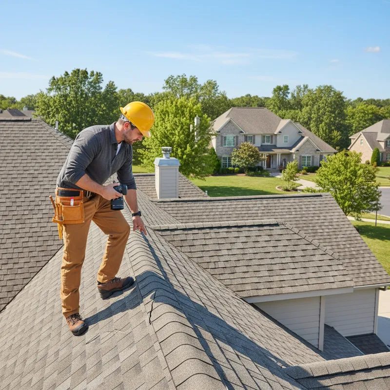 A professional roofer inspecting a residential roof with a clipboard and camera, looking for signs of damage. The sky is clear, suggesting a routine i