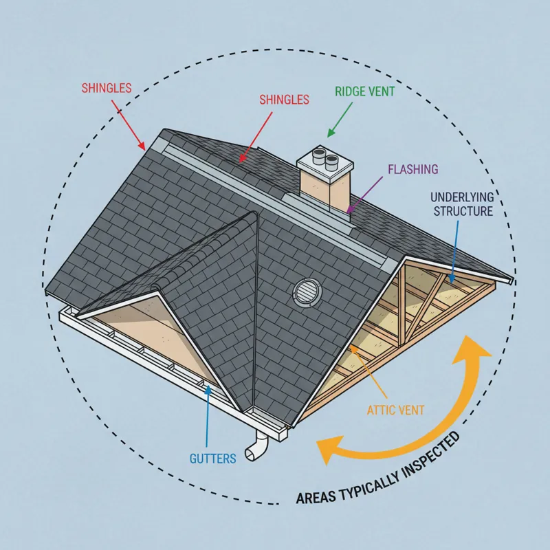 A diagram illustrating the different components of a residential roof, including shingles, flashing, gutters, vents, and the underlying structure, wit
