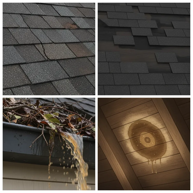 Close-up photos on a split screen showing various types of roof damage: cracked shingles, missing granules, a clogged gutter overflowing, and a small