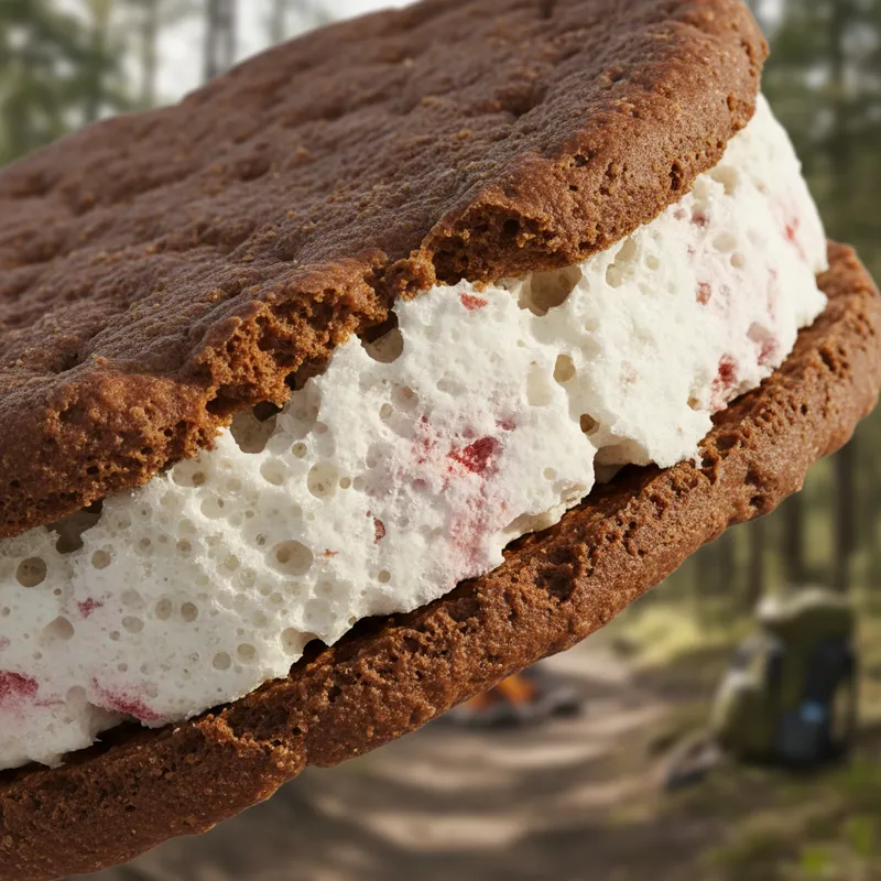 A close-up, high-definition shot of a freeze-dried ice cream sandwich, showcasing its porous, crunchy texture and distinct layers of cookie and ice cr
