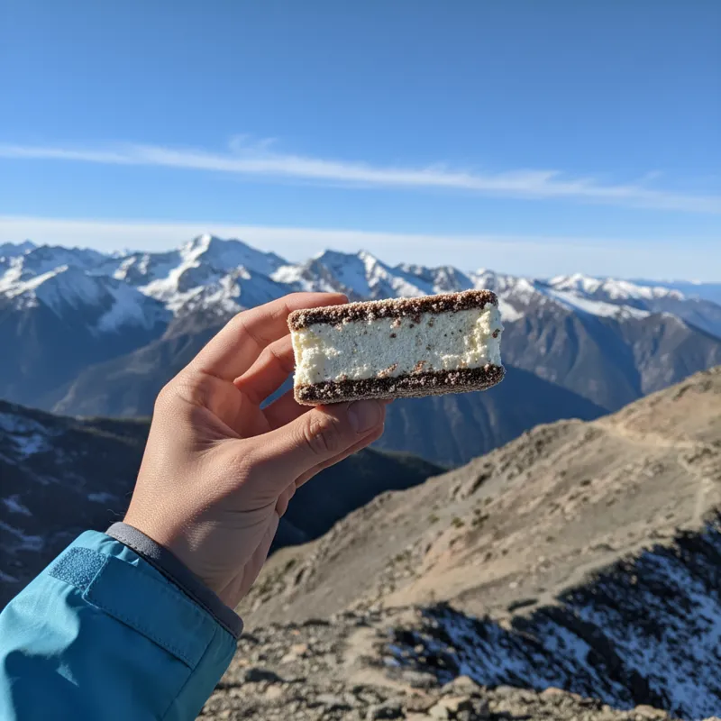 A hand holding a freeze-dried ice cream sandwich against a backdrop of mountains or a clear blue sky, emphasizing its portability and suitability for