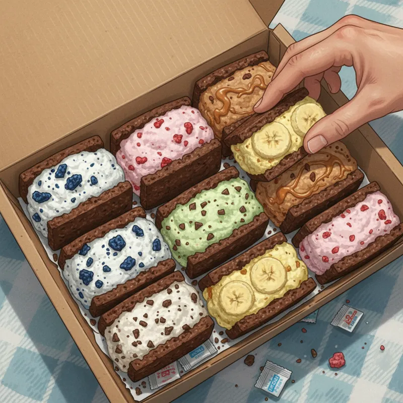 An open box of assorted freeze-dried ice cream sandwiches, with various flavors visible, suggesting a selection process.