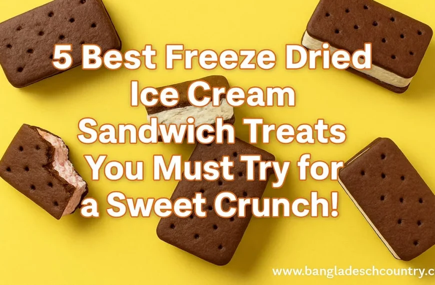 Five freeze-dried ice cream sandwiches on a bright yellow background, including whole ones and one bitten revealing a pink filling. Text overlay reads '5 Best Freeze Dried Ice Cream Sandwich Treats You Must Try for a Sweet Crunch!'.
