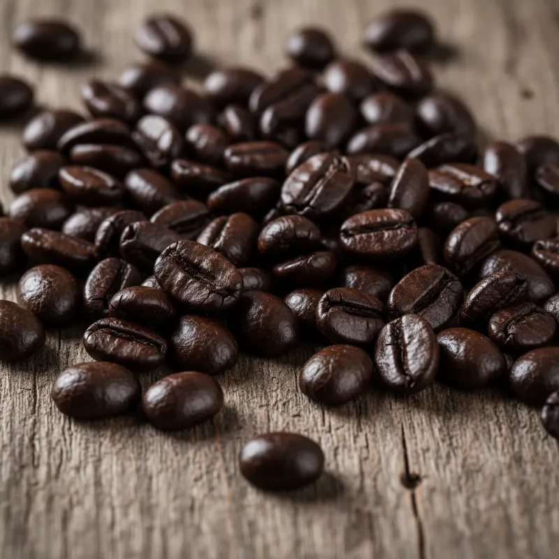 A close-up, high-resolution photo of very dark, oily French Roast coffee beans, scattered on a rustic wooden surface, with a slight gleam reflecting l