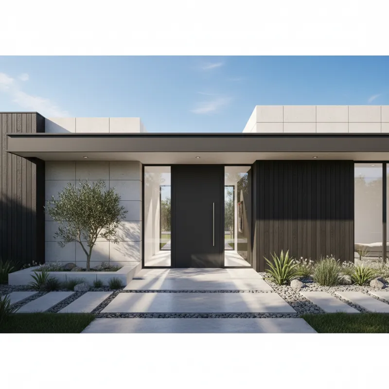A wide shot of a modern home exterior featuring a stylish dark gray front door flanked by two clear glass sidelights, with sunlight streaming into the