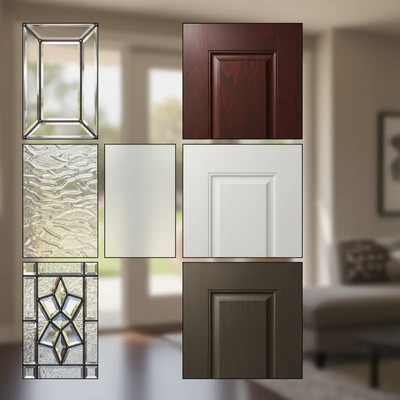 A detailed close-up of different types of glass inserts for sidelights, showing textured, clear, and frosted options, alongside samples of various doo