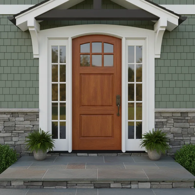 A detailed shot of a Therma-Tru Classic-Craft American Style fiberglass front door in a warm wood grain finish, flanked by two clear glass sidelights