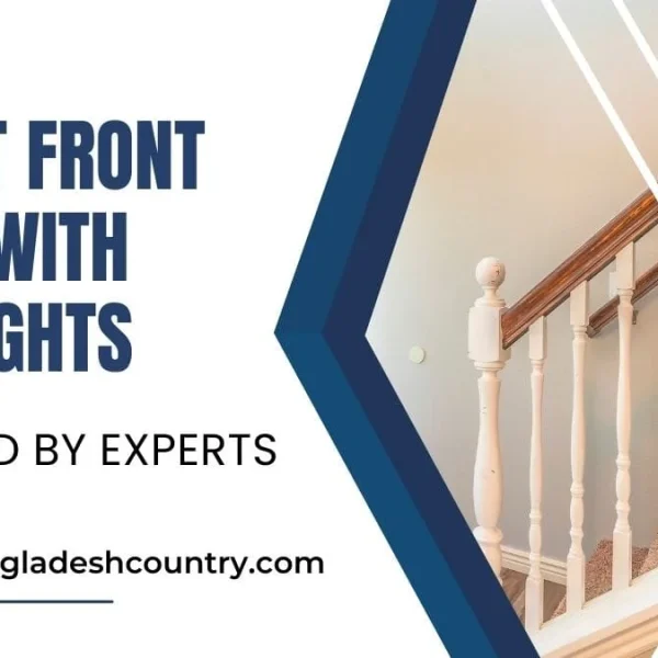 A promotional graphic with bold blue text on a white background reading '8 Best Front Door With Sidelights REVIEWED BY EXPERTS'. The image also features a partial view of a home interior staircase with a wooden handrail and white balusters, and the website 'www.bangladeshcountry.com'.