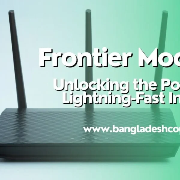 Black Frontier modem or internet router with three antennas, featuring white text 'Frontier Modem: Unlocking the Power of Lightning-Fast Internet' and 'www.bangladeshcountry.com' on a gradient blue and green background.
