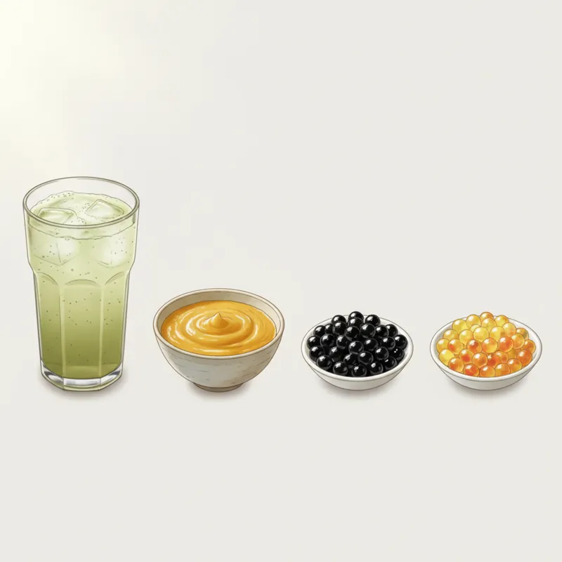 A deconstructed image showing the four main components of fruit bubble tea side-by-side: a glass of freshly brewed green tea, a bowl of bright mango p