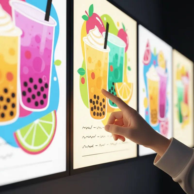 A vibrant, colorful bubble tea shop menu board, slightly out of focus in the background, with a customer's hand in the foreground pointing to a specif