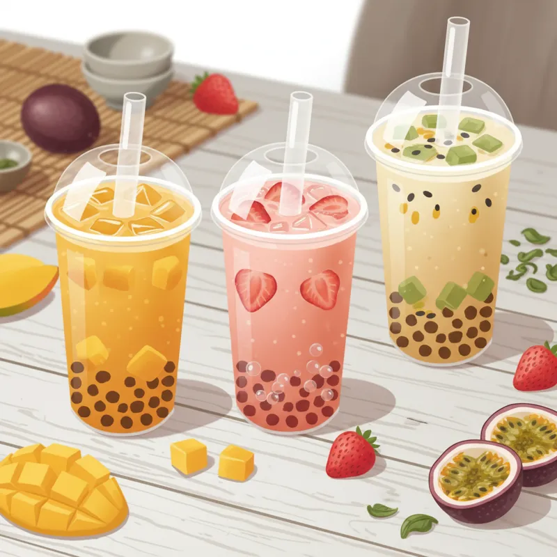 A beautiful flat lay of three different fruit bubble teas in clear cups. One is a golden mango color, another is a pink strawberry, and the third is a