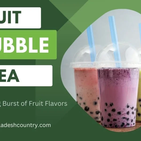 A promotional graphic for 'Fruit Bubble Tea' showing three colorful drinks in pink, purple, and light green, all containing boba pearls and served with blue straws.
