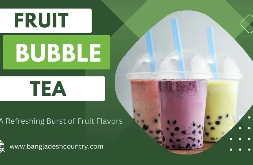 A promotional graphic for 'Fruit Bubble Tea' showing three colorful drinks in pink, purple, and light green, all containing boba pearls and served with blue straws.
