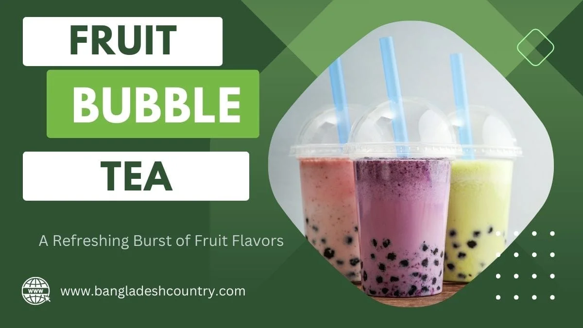 A promotional graphic for 'Fruit Bubble Tea' showing three colorful drinks in pink, purple, and light green, all containing boba pearls and served with blue straws.