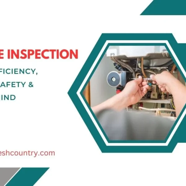 An HVAC technician performing a detailed furnace inspection, adjusting internal components with a tool. The image includes text: 'FURNACE INSPECTION BEYOND EFFICIENCY, ENSURING SAFETY & PEACE OF MIND' and the website 'www.bangladeshcountry.com'.