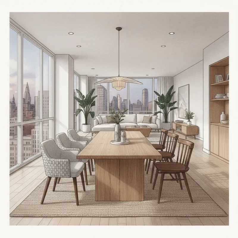 A wide shot of a modern open-plan living space featuring a dining area with a stylish wooden dining table and a mix of upholstered and wooden dining c