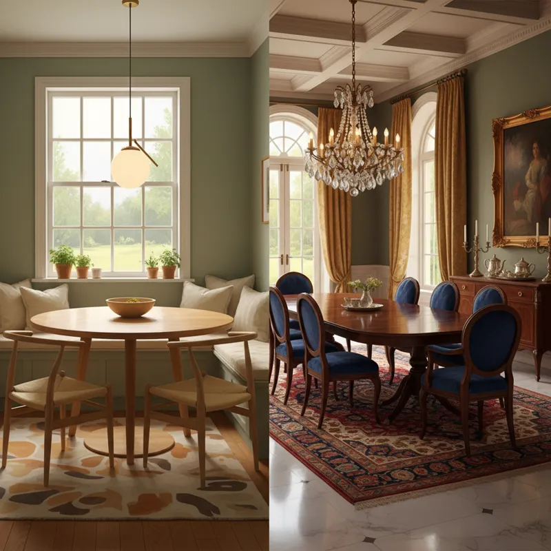 A split image showing two distinct dining room setups. One side features a small, cozy kitchen nook with a round, light wood table and two minimalist