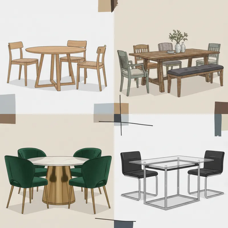 A collage of different furniture table chair styles. One corner shows a minimalist Scandinavian set in light wood, another shows a rustic farmhouse ta