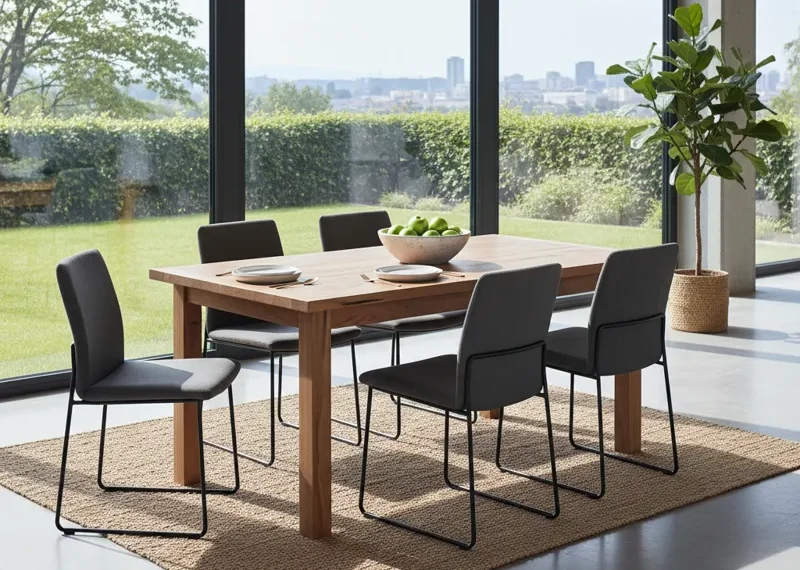 Modern wooden dining table with four matching chairs in a contemporary home setting.