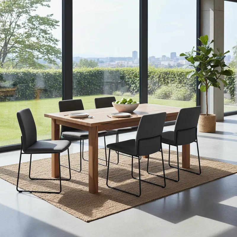 Modern wooden dining table with four matching chairs in a contemporary home setting.