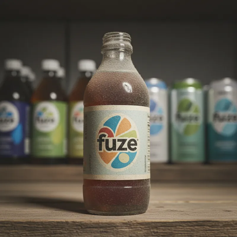 A slightly dusty, forgotten Fuze Iced Tea bottle with its old branding sitting on a shelf, with modern, sleek iced tea bottles out of focus in the bac