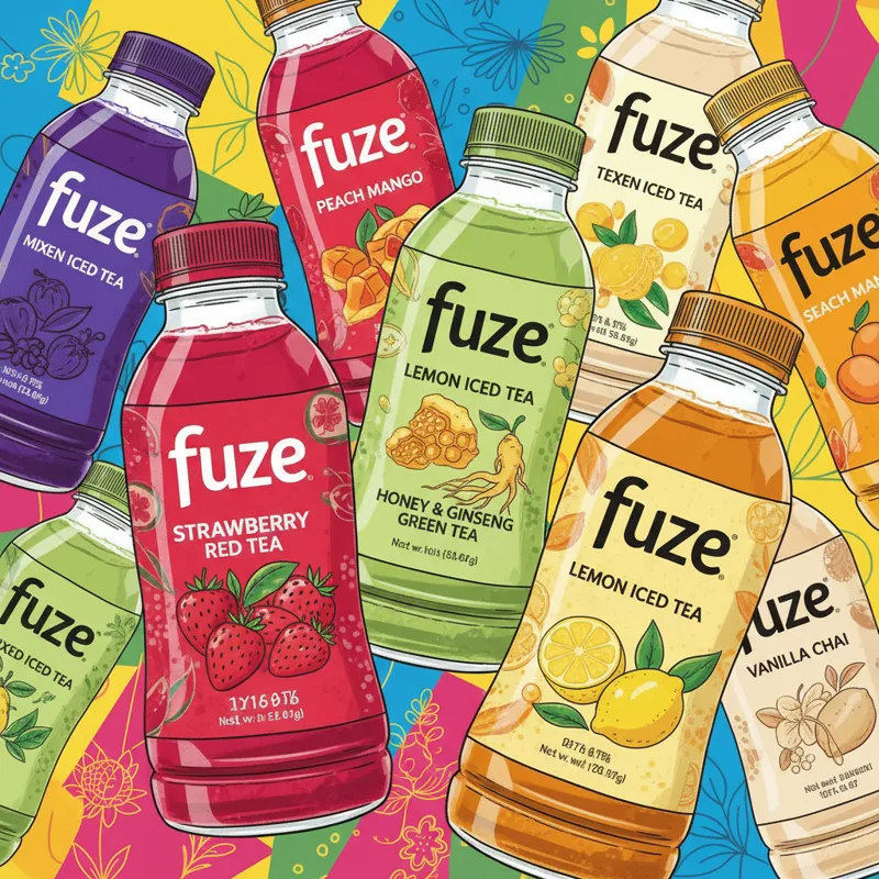 A vibrant, colorful collage of the old Fuze Iced Tea bottles from the 2000s, showcasing a variety of discontinued flavors like Strawberry Red Tea, Hon