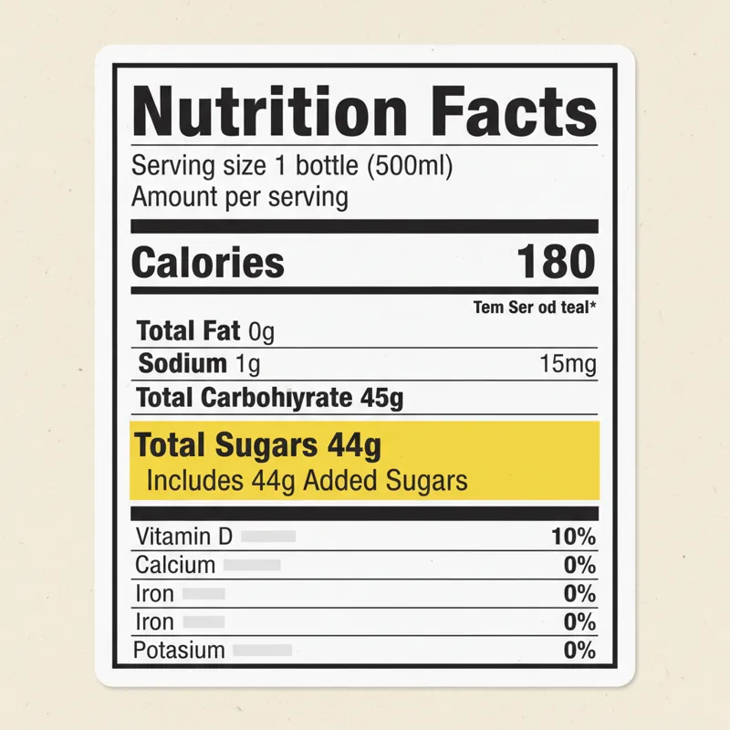 A close-up shot of a mock nutrition facts label for a generic bottled lemon iced tea, with the'Total Sugars' line highlighted to emphasize its import