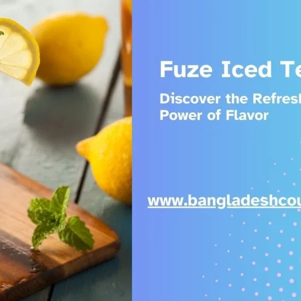 An advertisement for Fuze Iced Tea featuring a tall, refreshing glass of iced tea garnished with lemon and mint, with promotional text on a blue background.