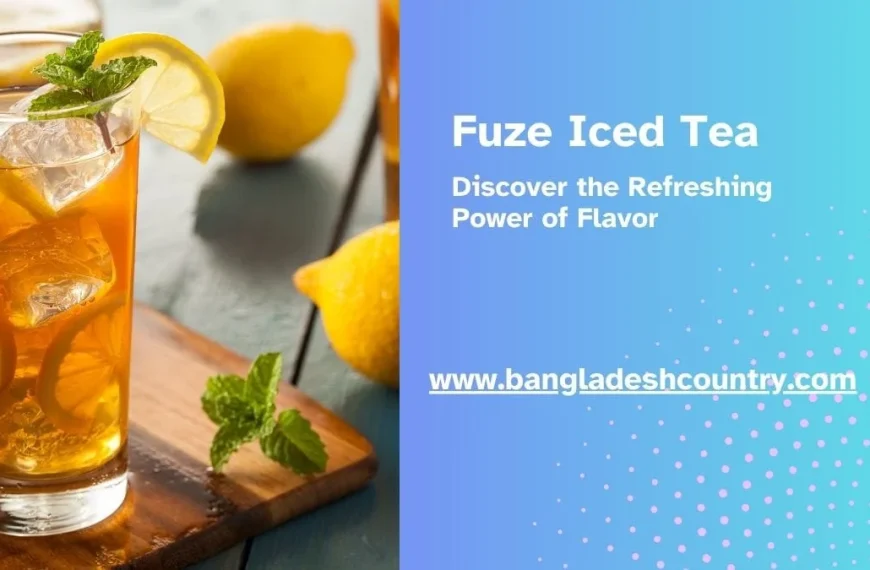 An advertisement for Fuze Iced Tea featuring a tall, refreshing glass of iced tea garnished with lemon and mint, with promotional text on a blue background.