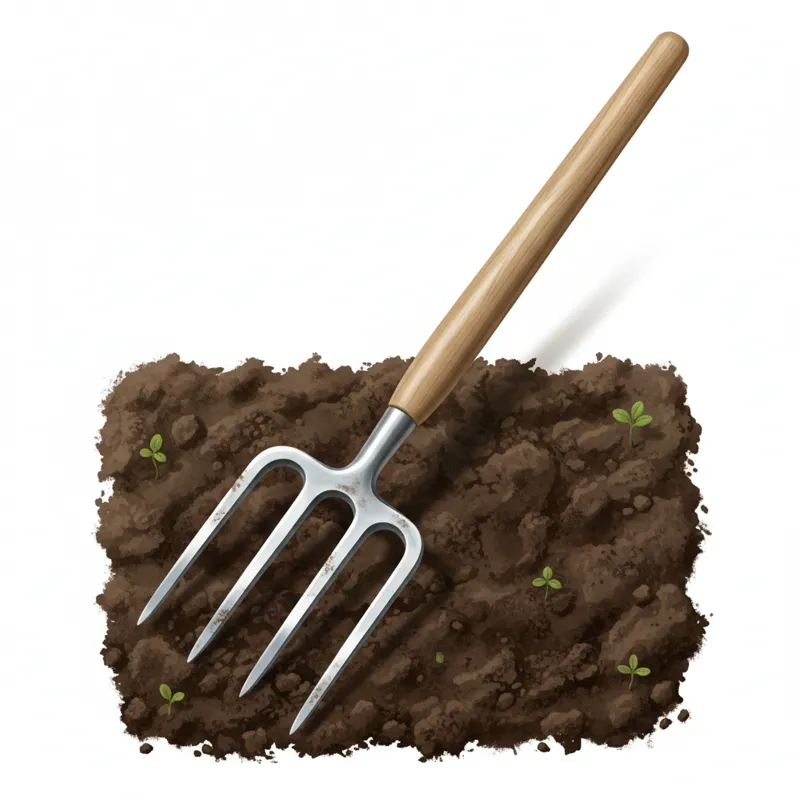 A detailed, high-angle shot of a classic English digging fork with four sturdy, slightly curved tines and a long ash handle. The tines are clean but s