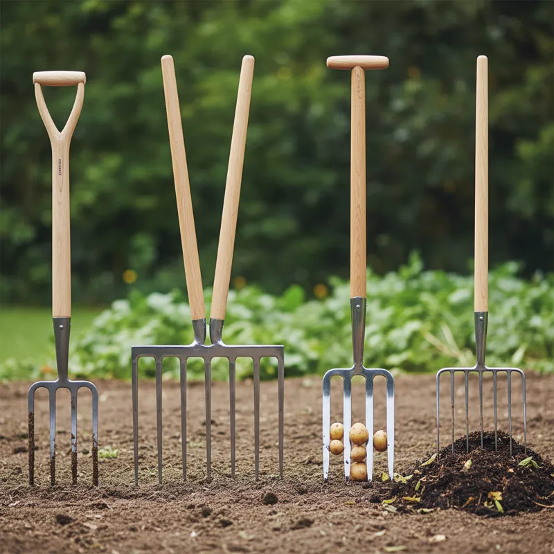 A comparative side-by-side shot of four different types of garden forks: a standard digging fork, a broadfork, a potato fork with flatter, blunter tin