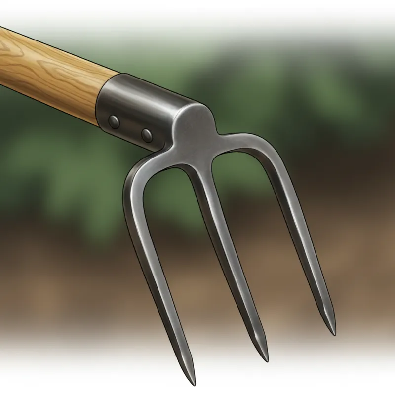 A close-up shot showcasing the junction of a garden fork's handle and tines. Focus on the quality of the forged steel tines, the secure socket connect