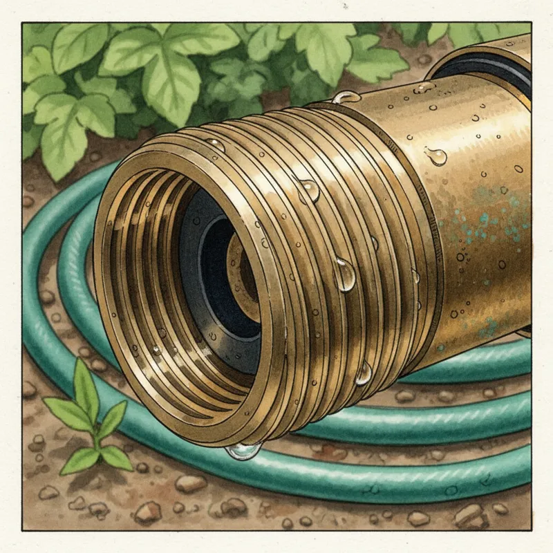 Close-up view of a garden hose fitting showing the threads.