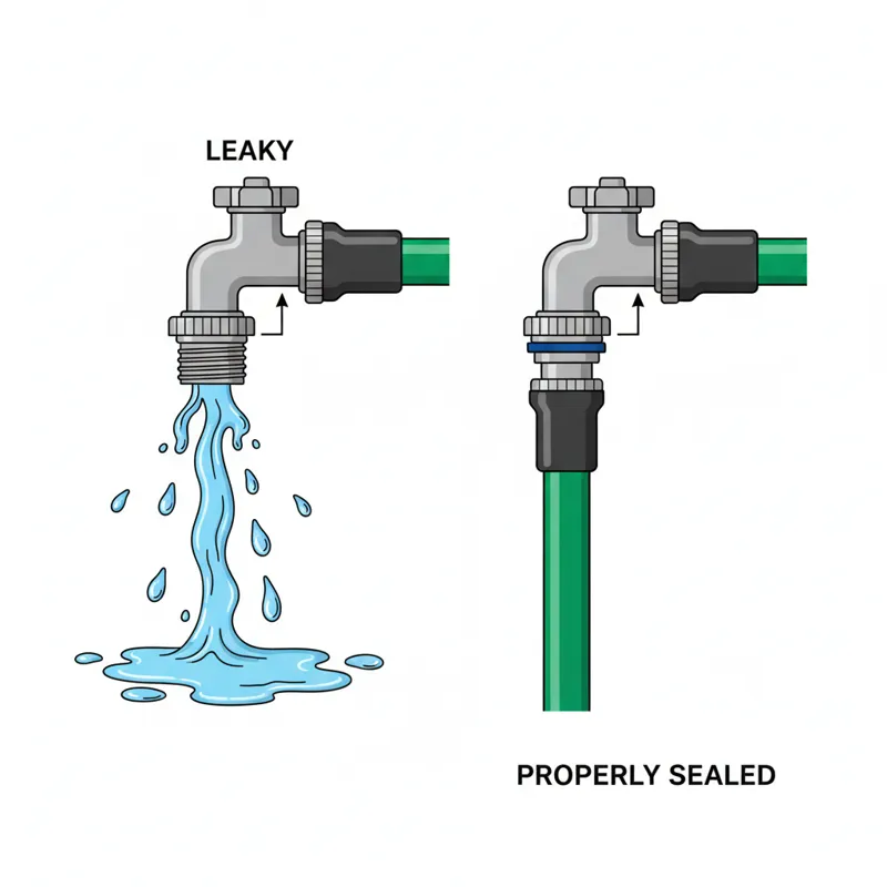 Diagram showing a leaky hose connection next to a properly sealed one.