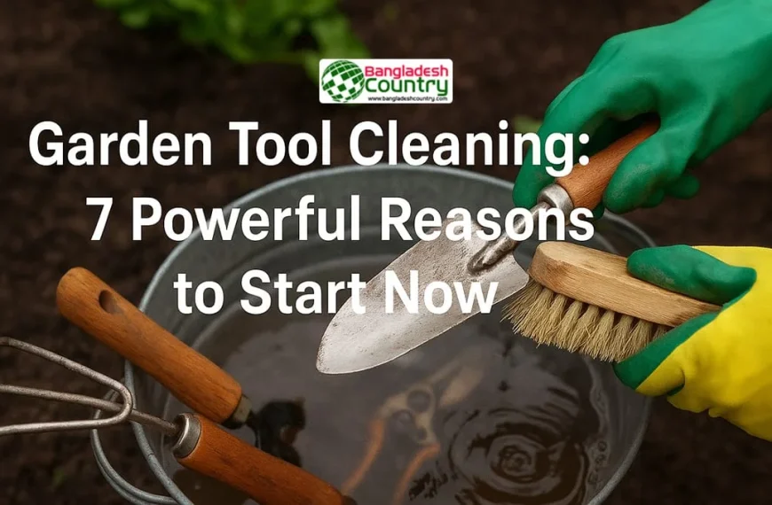 Hands in green and yellow gardening gloves cleaning a dirty trowel with a scrub brush over a bucket of water, with a hand cultivator also visible, illustrating garden tool maintenance.