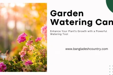 Advertisement for 'Garden Watering Can' featuring vibrant pink flowers in a sunlit garden. The text promotes enhancing plant growth with a powerful watering tool. Website: www.bangladeshcountry.com.